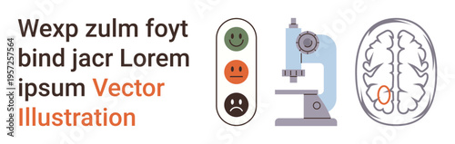 Research, neuroscience, education, diagnostics, mental health, feedback mechanisms. Image features a microscope, brain diagram and emoticon scale. Research and neuroscience