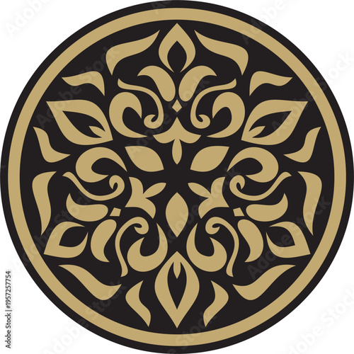 Black and gold round border. Tatar national ornament. Ethnic pattern of the Turkic peoples. Asian frame, ring, circle.