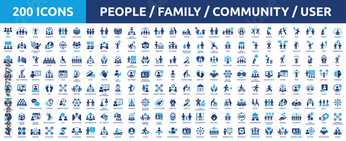 Huge set of 200 solid icons. Mega collection concept of people, family, community, population, group and user. Vector illustration.