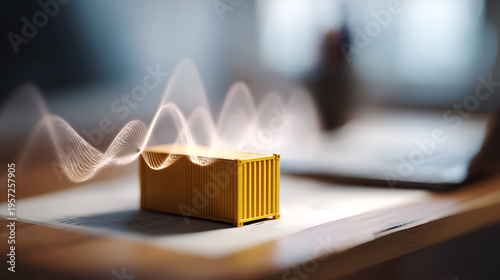 Wallpaper Mural Miniature Yellow Shipping Container on Desk with Digital Waves Illustrates Global Logistics, Data Flow, and Modern Supply Chain Technology Torontodigital.ca