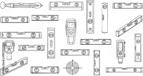 Vector illustration of various spirit levels and measuring tools, white background.