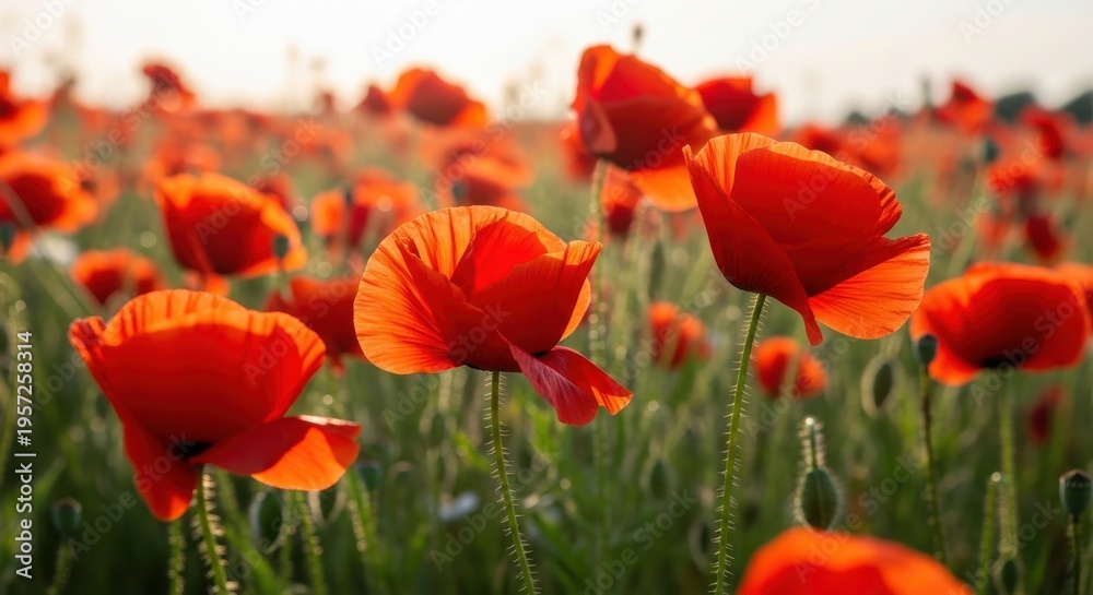 Obraz premium Scarlet Red Poppies in Bloom Under Soft Sunlight in a Vast Field