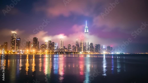 Night City Skyline Lightning Storm Reflection on Water.
