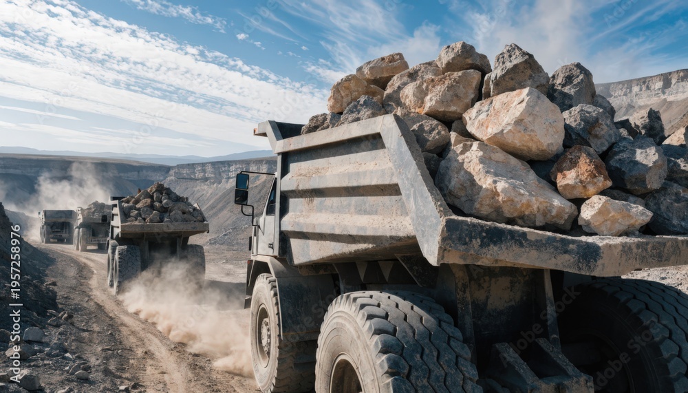 Obraz premium Medium shot of openpit bauxite mining operation under bright sun showcasing heavy haul trucks transporting raw material with dusty terrain in the background.