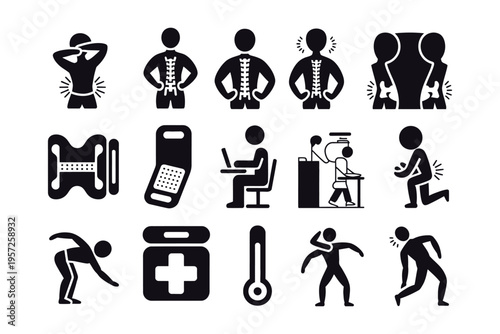 Lower back pain solid icons, person holding back, spine, pain lines, muscle, back support brace, hot pack, chair, pillow, stretching exercises, physical therapy and rehabilitation concept.