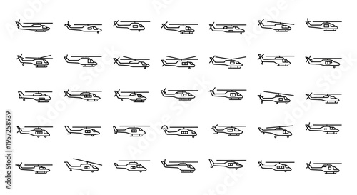 Helicopter Icon Set: Diverse Aircraft Silhouettes on White Background