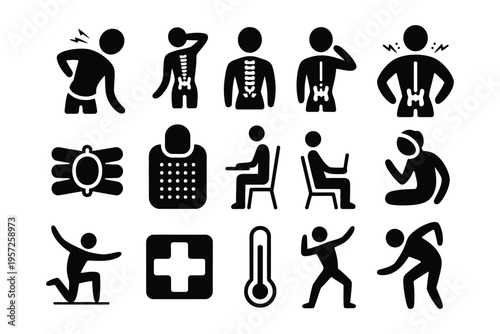 Lower back pain solid icons, person holding back, spine, pain lines, muscle, back support brace, hot pack, chair, pillow, stretching exercises, physical therapy and rehabilitation concept.