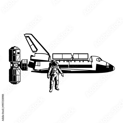 Astronaut in Spacesuit Standing Before Space Shuttle Silhouette.