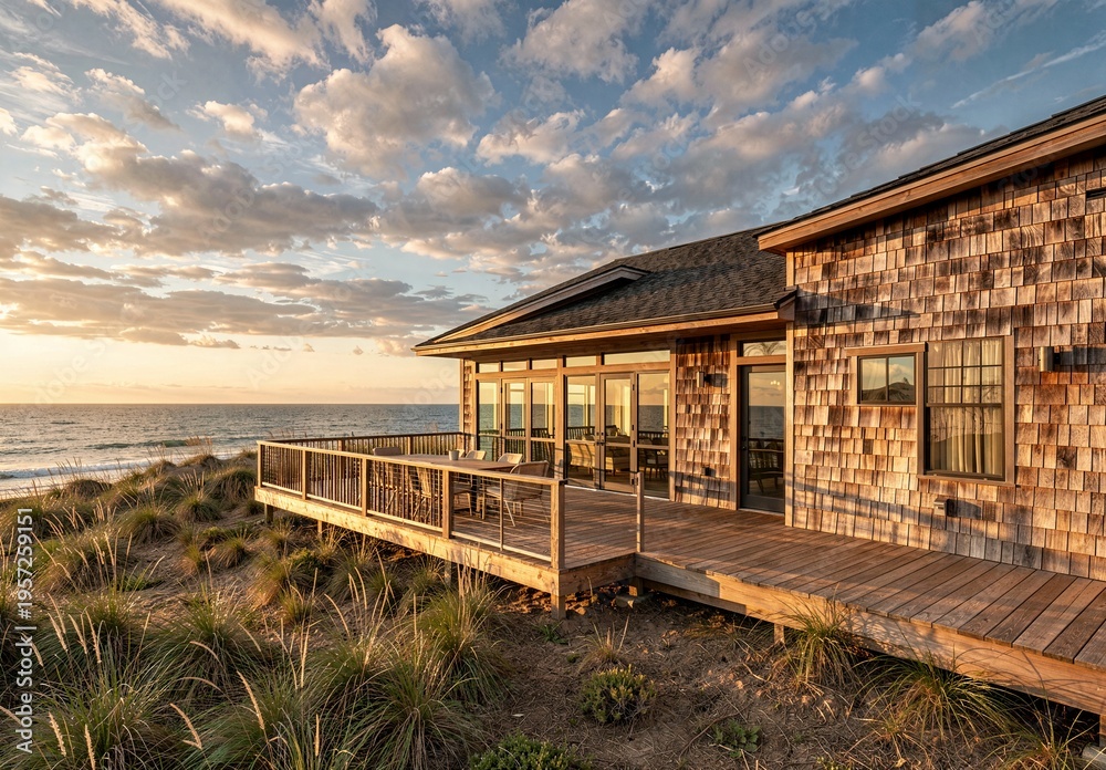 Obraz premium Coastal Contemporary House Exterior Golden Hour Timber Shingles Ocean View Wrap Around Deck Dune Grass 
