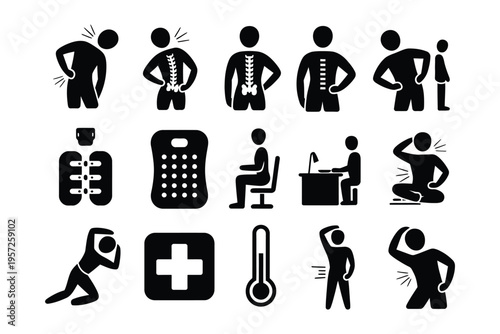 Lower back pain solid icons, person holding back, spine, pain lines, muscle, back support brace, hot pack, chair, pillow, stretching exercises, physical therapy and rehabilitation concept.
