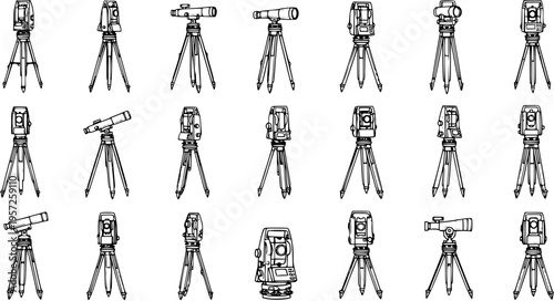 Surveying Instruments: Theodolites and Total Stations on Tripods - Black and White Line Art