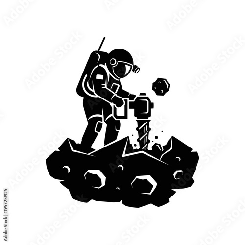 Astronaut Mining Asteroid with Drill Silhouette Illustration.