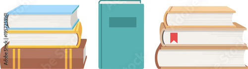 Stacked Books Collection with Hardcover and Softcover Volumes in Flat Vector Style for Education, Library Resources, Reading Concepts, Academic Materials, and Knowledge Illustration Designs