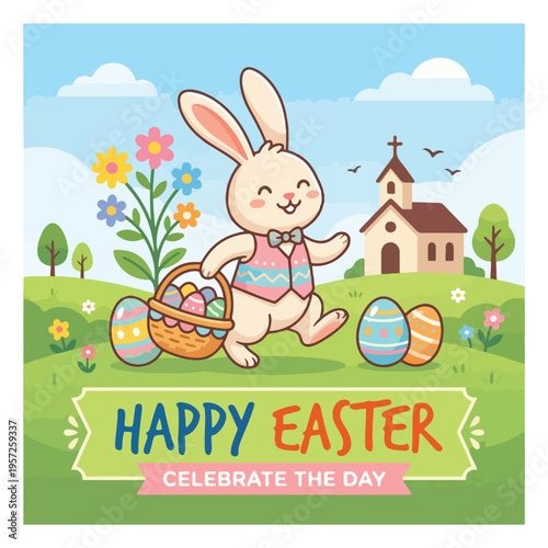 Happy Easter Vector Illustration with Cute Bunny, Colorful Eggs, and Church in Sunny Spring Landscape