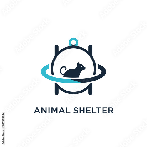 Minimalist blue animal shelter emblem with cat silhouette inside circular protective frame