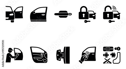 A collection of black and white icons representing various car door functions and components, including opening, locking, and repair.