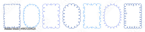 Twisted blue colored doodle style frame set. Wire phone cord inspired looping linear border designs. Use for card, invitation, poster, cover. EPS 10 vector hand drawn illustration.