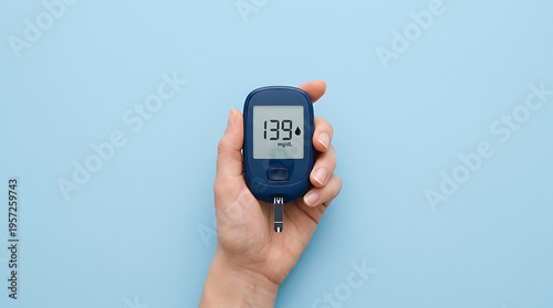 Hand holding a blood glucose meter with a reading of 139 mg/dL on a blue background, diabetes management and monitoring concept