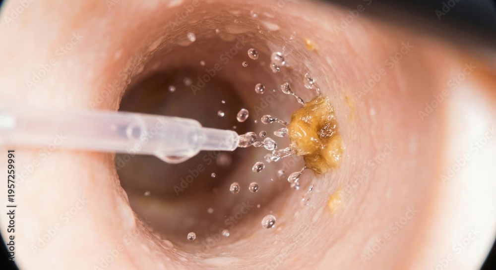 Fototapeta premium Water splashing on earwax during ear irrigation procedure