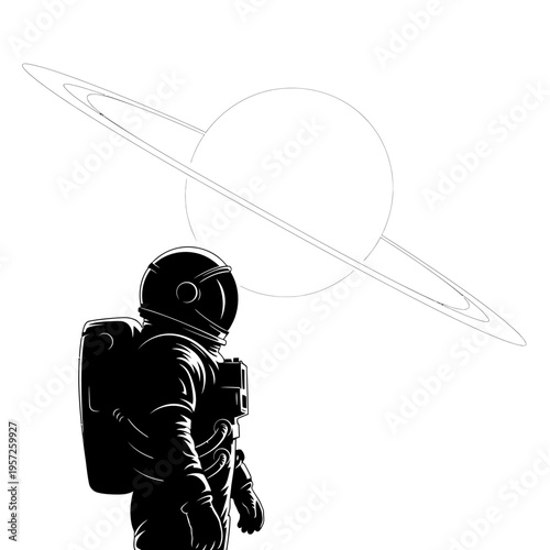 Contemplative Astronaut Gazing at Saturn in Space Illustration.