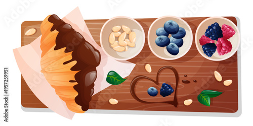 delicious fresh chocolate croissant with filling and toppings on a beautiful wooden pallet. A French sweet and savory breakfast. Top view on a white background.