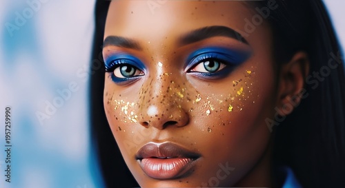 A close-up portrait of a beautiful woman with vibrant blue eye makeup and gold glitter on her face