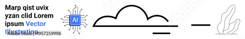 Artificial intelligence, cloud computing, data processing, tech innovation, digital transformation, minimalism. AI microchip connecting to a cloud with linear elements. Artificial intelligence