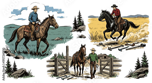 Retro style cowboy country. Ideas for western rodeo or cowboy themed designs. Cowboy graphic print. Western vintage artwork. T shirt print design.