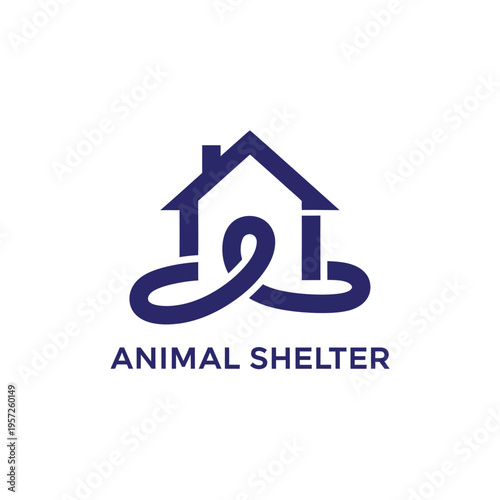Animal shelter logo with blue house silhouette and abstract heart shape for pet adoption