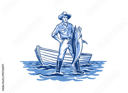 Fisherman with tuna vintage artwork for t-shirt. Seafood and fishing artwork for apparel. Ocean adventure graphic. Catch of the day. Boat design.