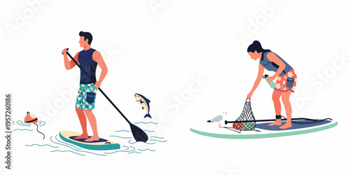 Vector illustration of a man on a paddleboard and a woman collecting plastic waste from the ocean using a net, isolated on white.