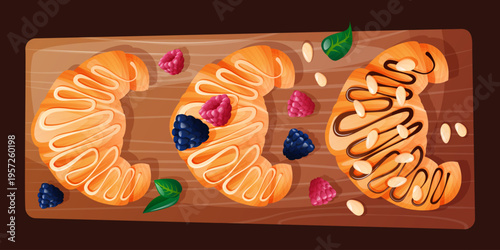 Three delicious fresh chocolate croissants with filling and toppings on a beautiful wooden pallet. A French sweet and savory breakfast. Top view on a white background