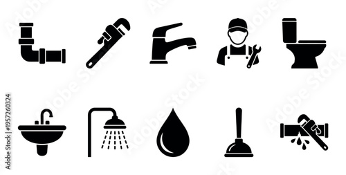 A collection of black silhouette icons representing various plumbing elements and services, including pipes, tools, and fixtures, suitable for design projects.