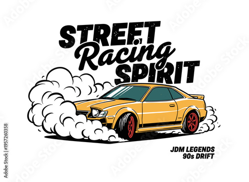 Street racing spirit artwork. JDM legends 90s drift design. Sport car print for t shirt. Fast speed racing poster. Extreme drift automotive graphic.