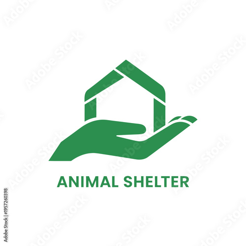 Green hand holding house icon for animal shelter charity branding on transparent background