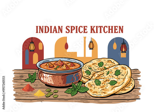 Indian spice kitchen artwork. Curry and naan design. Food illustration for t shirt, poster, sticker. Asian cuisine artwork. Spicy restaurant logo.