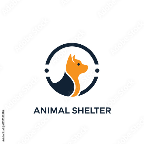 Orange and navy blue dog profile logo for animal shelter business on transparent background