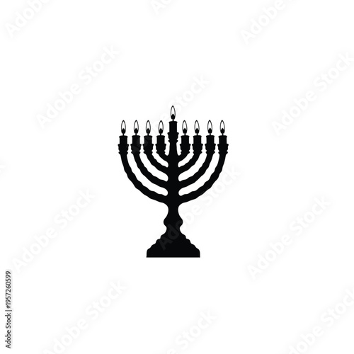 Elegant menorah silhouette with lit candles on white background