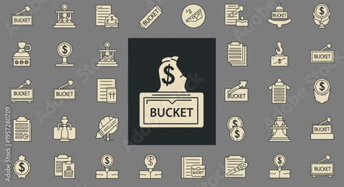 Money Bucket Icon with Dollar Sign and Financial Symbols