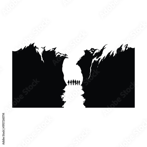 Group of people walking through mountain pass together