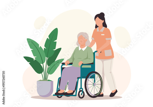 Professional caregiver assisting senior woman in wheelchair with indoor plant