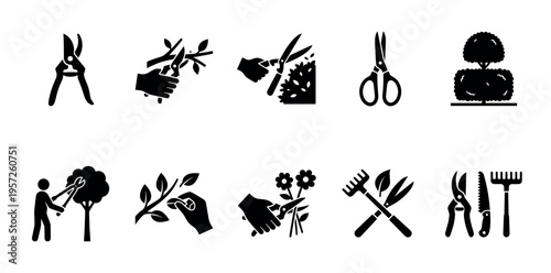 A collection of black vector icons illustrating various gardening tasks and tools, including pruning shears, scissors, rake, saw, and a person trimming a tree.