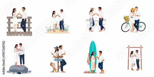 Set of minimalist vector illustrations featuring a romantic couple enjoying various summer vacation activities, from beach walks to cafe dates.