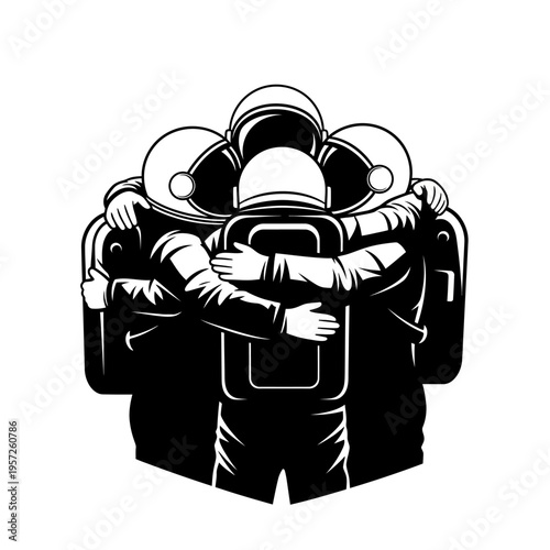 Group of Astronauts Embracing in Space Suits Illustration.