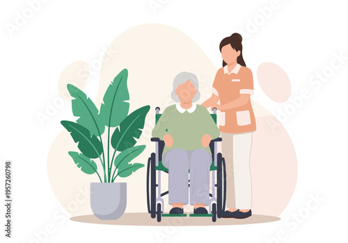 Caregiver assisting senior woman in wheelchair with indoor plant