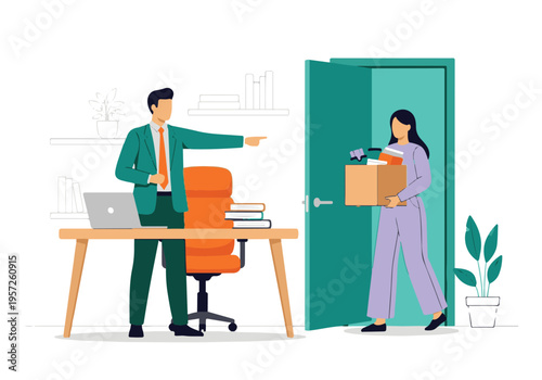 Manager dismissing female employee from work, job termination concept