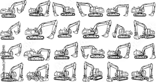 Black and White Line Art Illustrations of Excavators and Construction Equipment on White Background