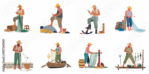 Collection of flat vector illustrations depicting various fishermen preparing their nets, working on wooden boats, and managing traditional fishing equipment on a white background.