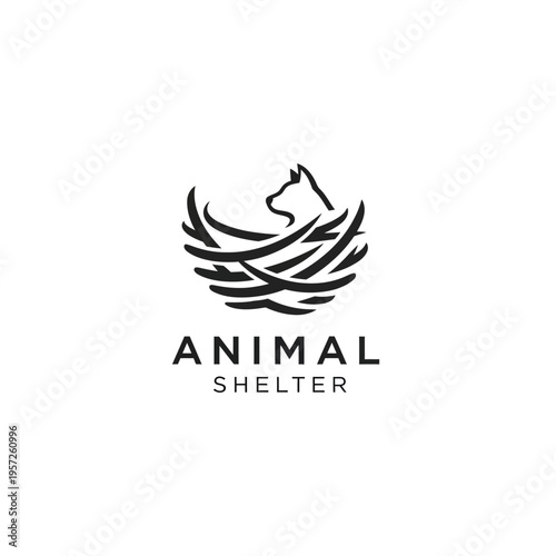 Animal shelter logo design with cat head in nest icon in black for pet care service