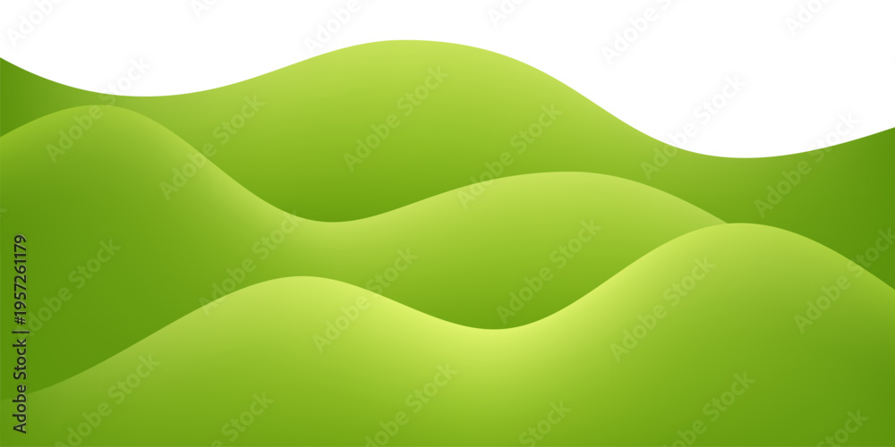 Fototapeta premium Green hill, field, grass background. Abstract landscape backdrop. Green layered curved shapes on light backdrop. Minimal modern nature vector illustration.